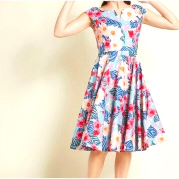 Hell Bunny Retro Tropical Floral Fit and Flare Dress Blue Pink Size S - Picture 8 of 9